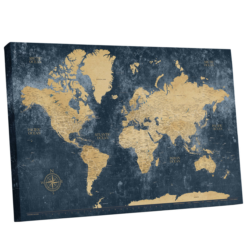 Carte de voyage du monde à punaise bleu marine - panneau simple, H 24 po x l 40 po, Oui