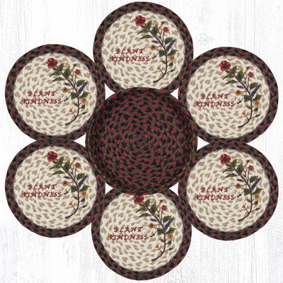  Plant Kindness Round Jute Trivets in Basket – Set of 6 Printed 10" Trivets with Nature Quotes & Eco-Friendly Braided Design