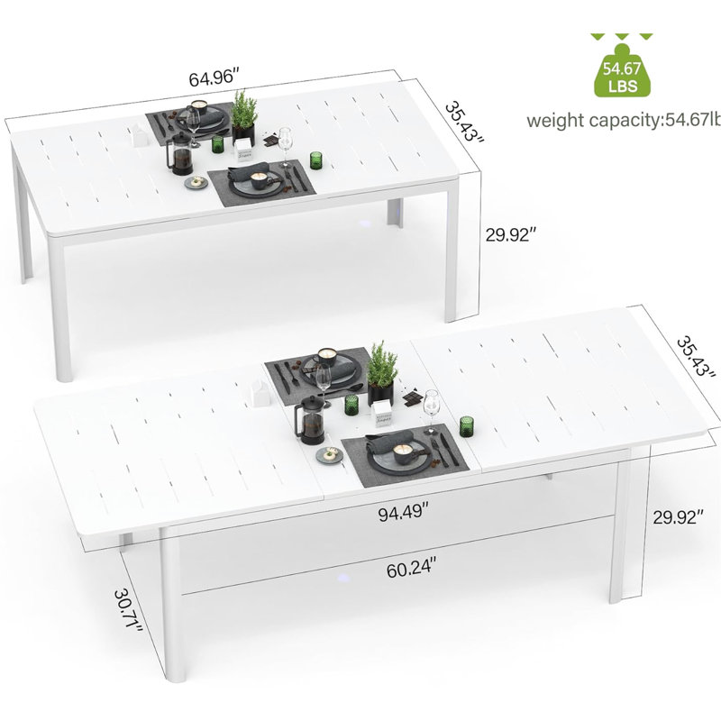 Patio Table Expandable To 94.49", White Metal Aluminum For 6-8, Rectangular Porch Lawn Garden Bistro In White, Construction 6-8 People, Weather ,