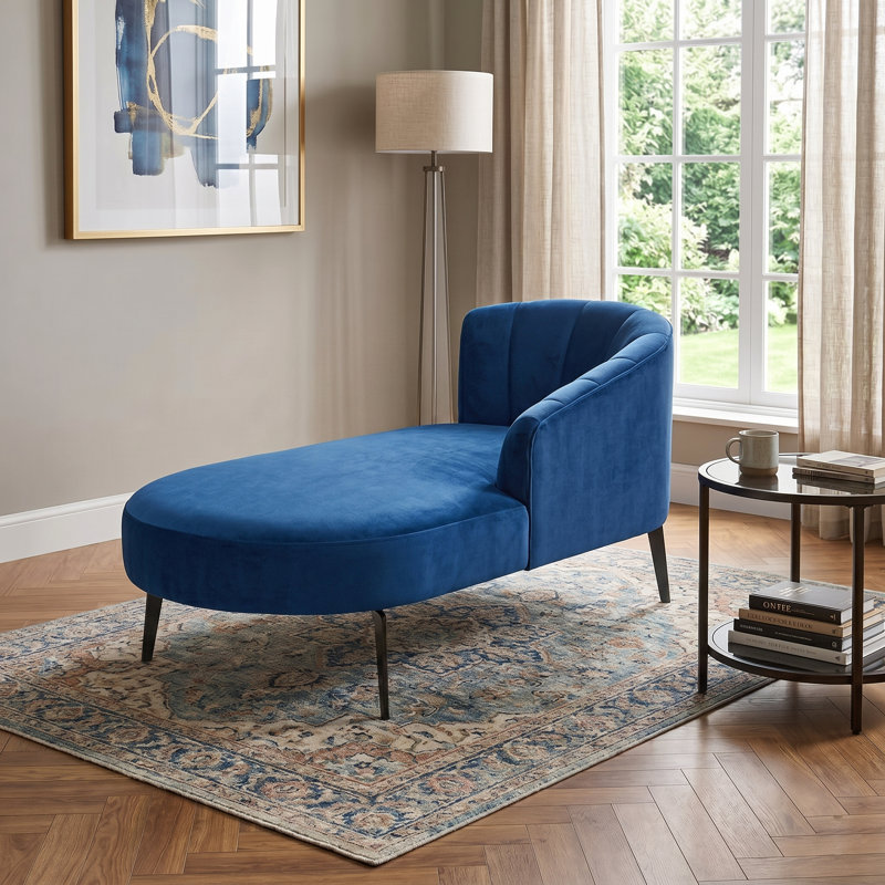 Chaise longue rembourrée en velours Odey avec pieds noirs, Navy