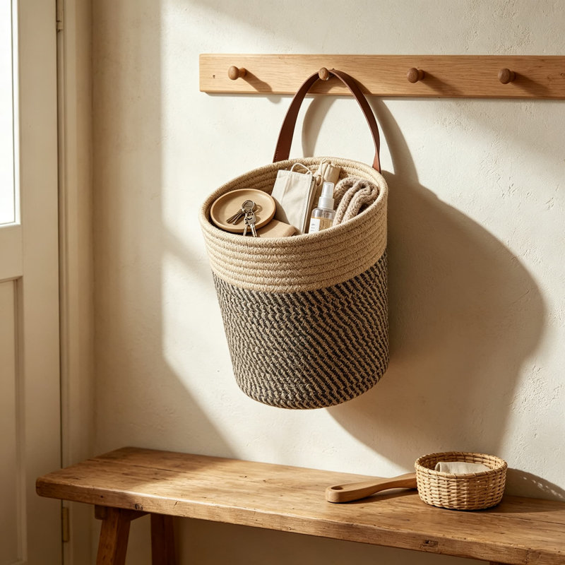 Ensemble de deux paniers suspendus en jute naturelle pour décoration murale