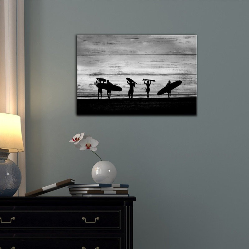Silhouette de divertissement nautique de surfeurs transportant leur planche de surf sur Sunset Beach Modern, Toile tendue
