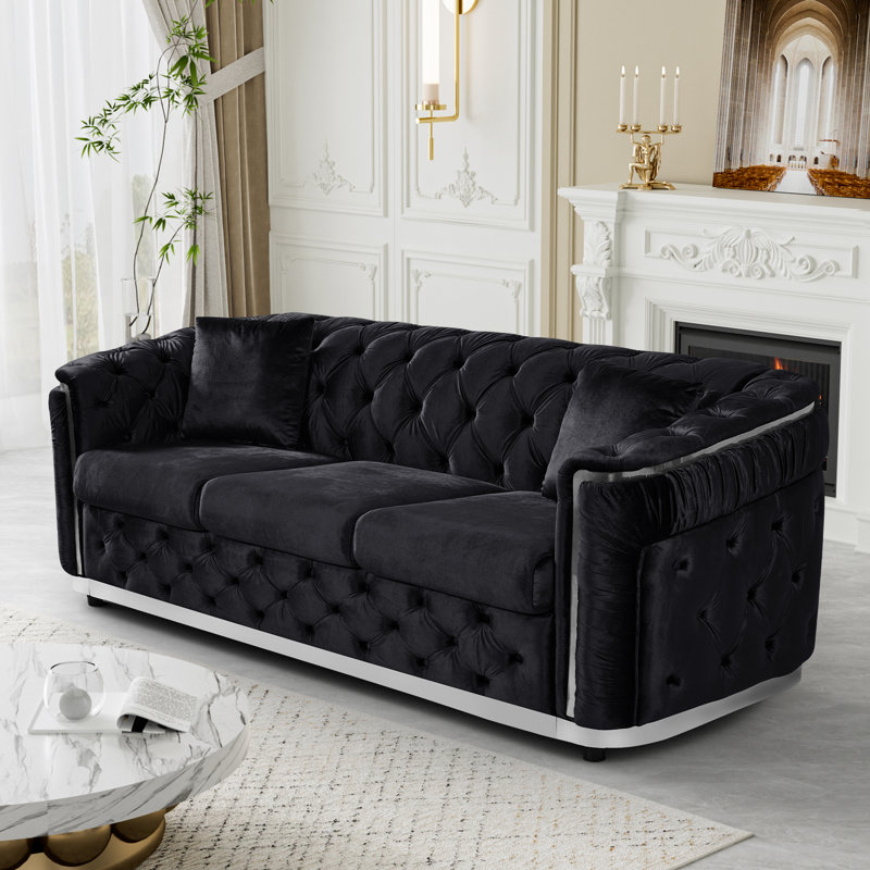  Canapé 85 po en velours Chesterfield, Noir / argenté
