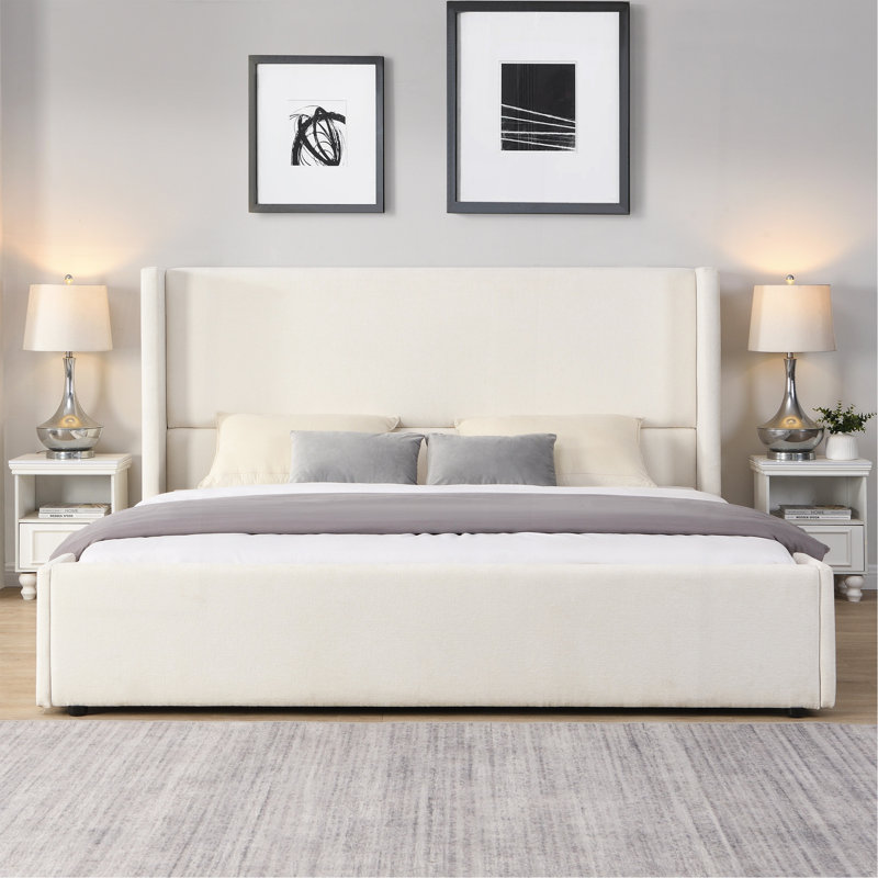 Lit tapissier élégant en tissu blanc avec tête de lit haute, blanc, très grand, Très grand lit