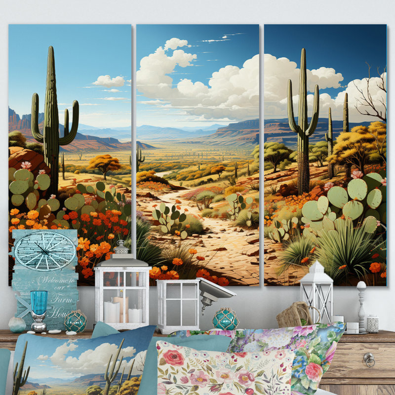 Cactus vert et bleu, «Desert Guardian Organ II», reproduction sur toile, 3 pièces, H 28 po x l 36 po x P 1 po