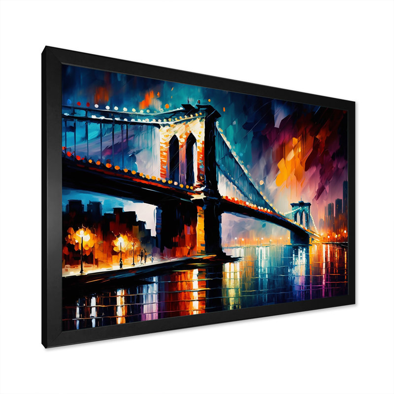«Colorful Brooklyn Bridge - City», reproduction sur toile encadrée, H 12 po x l 20 po x P 1 po, Cadre noir