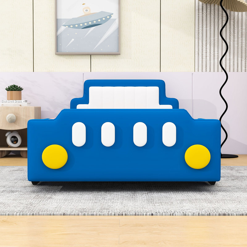 Upholstered Twin Race Car-Inspired Platform Bed With Guardrails And Sturdy Slats, Blue
