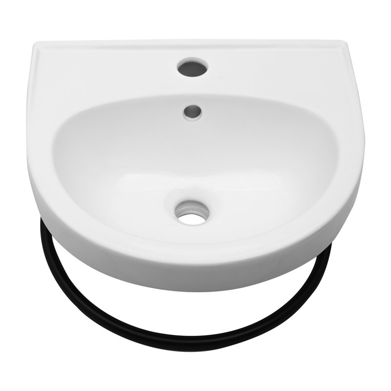 Lavabo de salle de bain mural en céramique blanc 16 po x 14 po avec robinet noir, conduites d'alimentation et barre à serviettes, lavabo ovale compact avec trop-plein