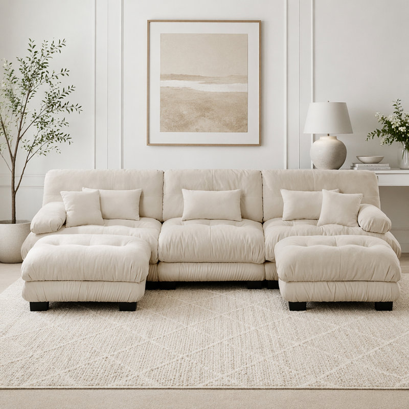 Cloud Couch Sofa,Chenille Sofa, Light coffee+3Seat+2Ottman