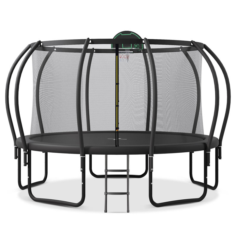 12FT Trampoline For Kids With Upgraded Arcpole And Composite Toploop For Safety Enclosure, Plus Basketball Board And 10 Ground Stakes