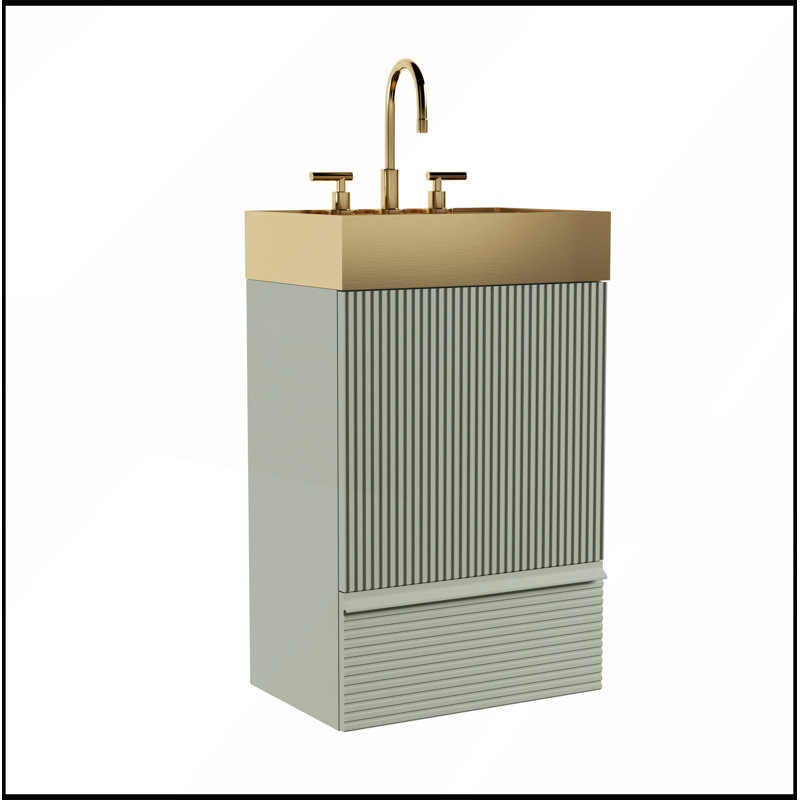 Meuble-lavabo rayé vert clair Gada avec lavabo vasque intégré en métal brossé de 20 po pour salle de bain moderne Gada
