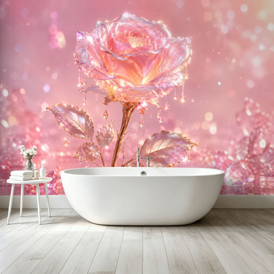 Peel and Stick Wallpaper Wall Mural Radiant Pink Crystal Rose Sparkling Drops Glitter Wall Art Self Adhesive and Removable