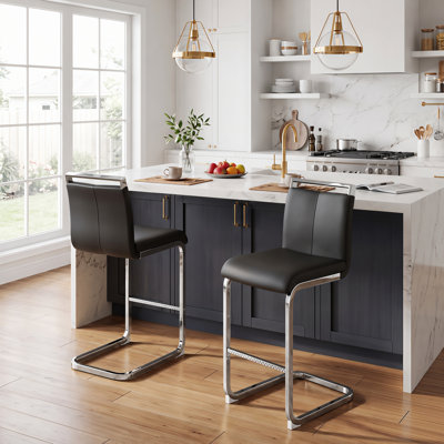 Modern 25 Inch Counter Height Bar Stools Set of 2 PU Leather Metal Frame