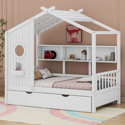 Keyanna Wooden House Bed with Trundle and Storage Shelf