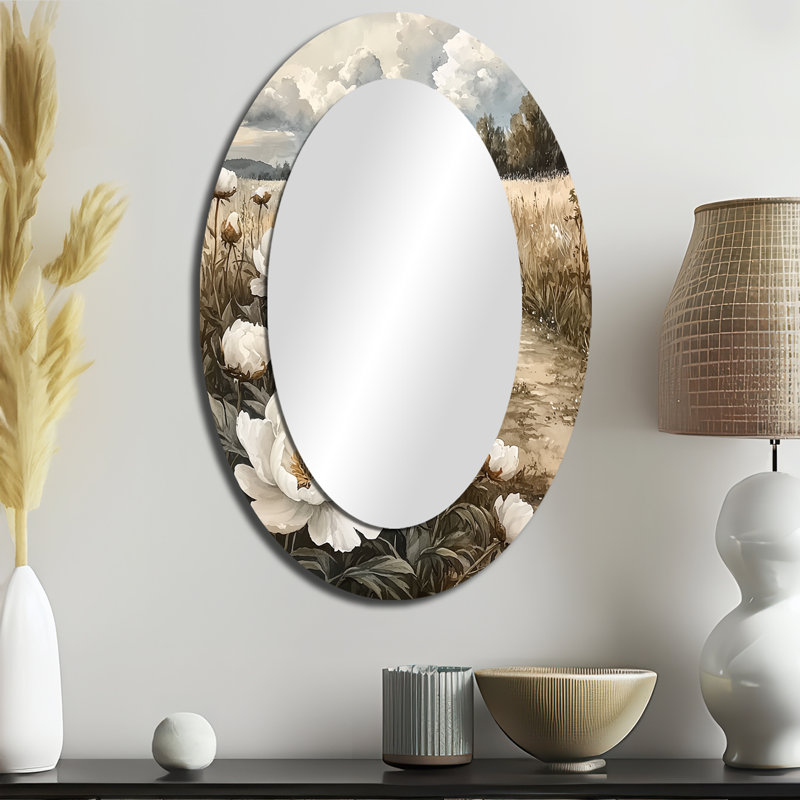 Pivoines sur le chemin de la ferme II - Miroir mural ovale blanc, 36 po x 24 po