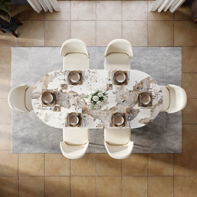 Modern Minimalist Oval Dining Table with Sintered Stone Tabletop & U-Shaped Leg for 6 to 8, Perfect for Kitchen and Living Room