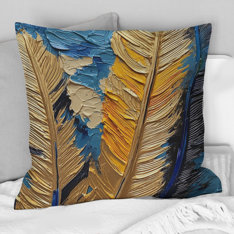Boho Glam, exquis peinture de plumes dorées II - coussin décoratif imprimé de plumes