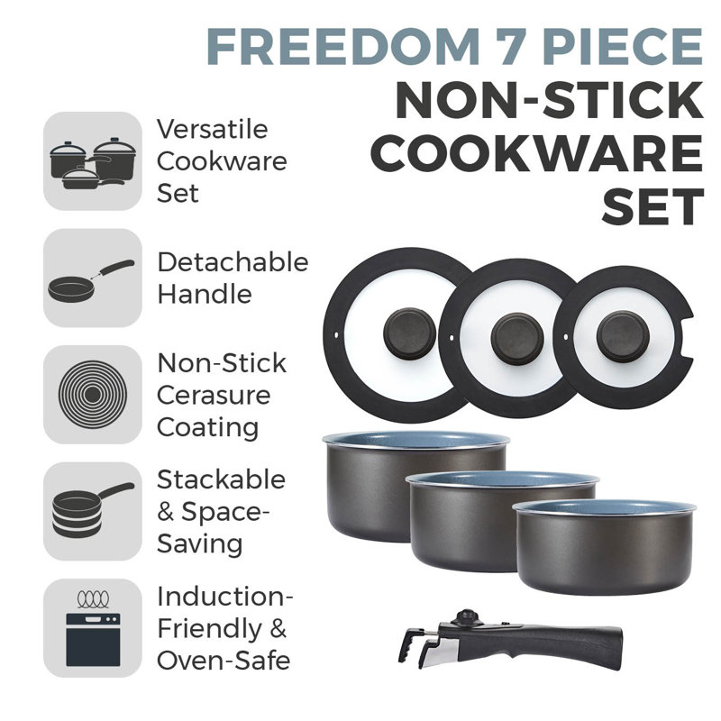 Tower Freedom T800201 7 Piece Cookware Set with Ceramic Coating, Stackable Design and Detachable Handle, Graphite, Aluminium