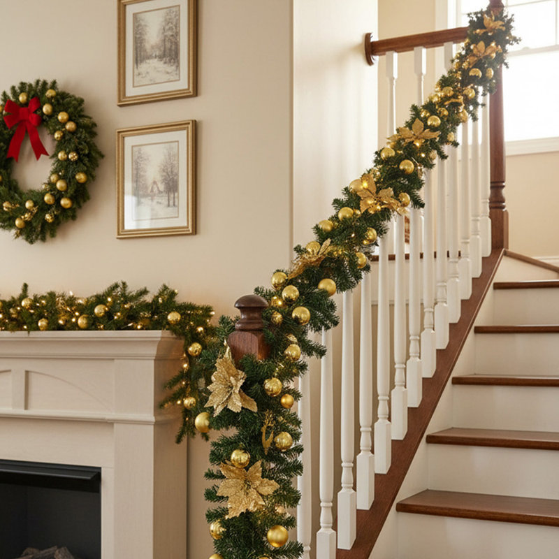 270cm Lighted Faux Poinsettia Garland with Lights