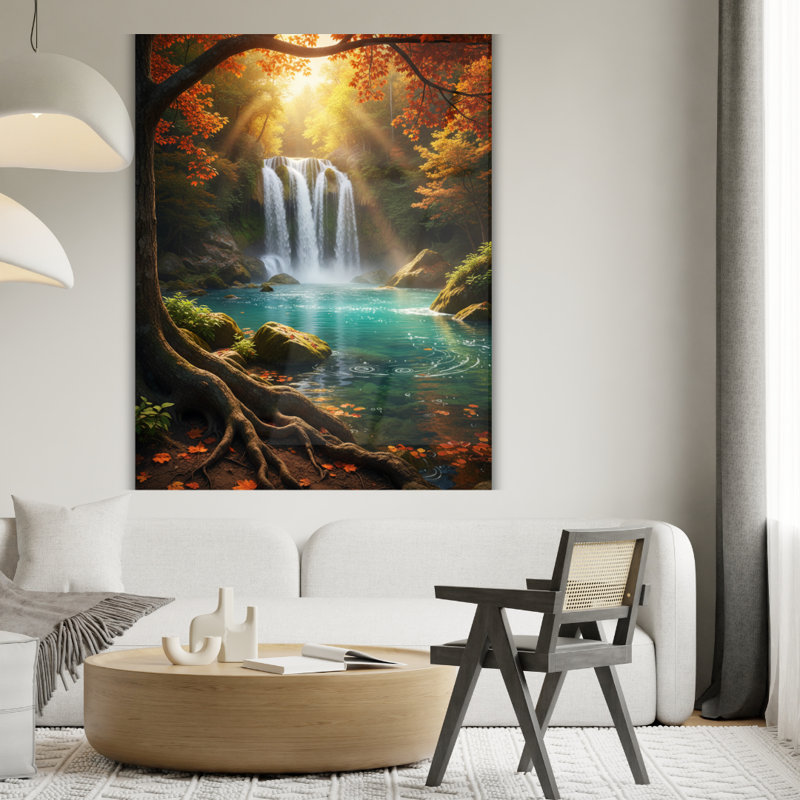Tableau mural en verre trempé avec cascade en forêt d'automne, H 12 po x l 8 po