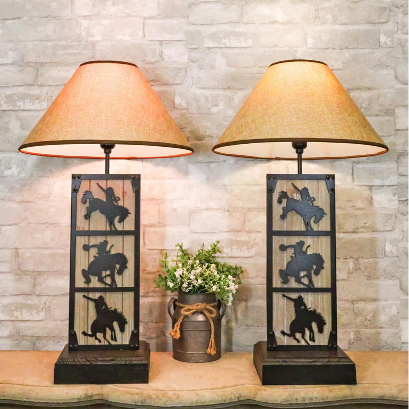 Set Of 2 Rustic Western Cowboy On Giddy Up Horse Wood Metal Bedside Table Lamps