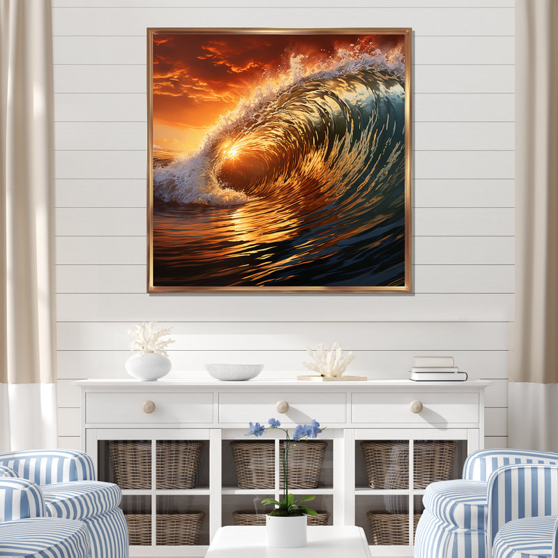 Coucher de soleil vert et orange - art mural plage, Cadre flottant doré, H 16 po x l 16 po x P 1 po