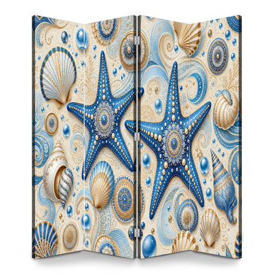 4 Panels Folding Screen Room Divider Royal Blue Starfish Seashell Oceanic Color Palette Canvas Screen Room Separator Freestanding Protective Wall Divider Privacy Partition for Bathroom