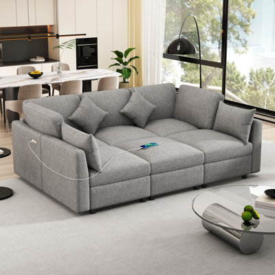 Canapé modulaire 85,4 po Canapé modulaire en U Canapé-lit Canapé-lit en L avec repose-pieds mobile et deux ports USB pour le salon, gris clair