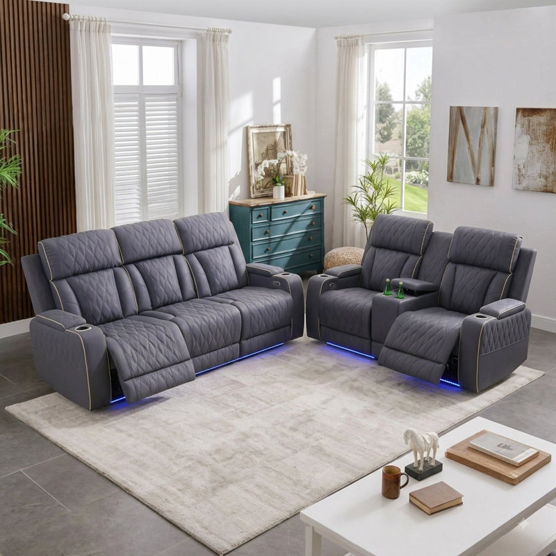 Ensemble de canapé inclinable en cuir 2 pièces avec DEL, chargeur sans fil et bras de rangement Rea + Breathing, Gris