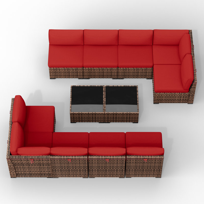 Ensemble de conversation modulaire en rotin pour 10 personnes avec coussins, Bourgogne