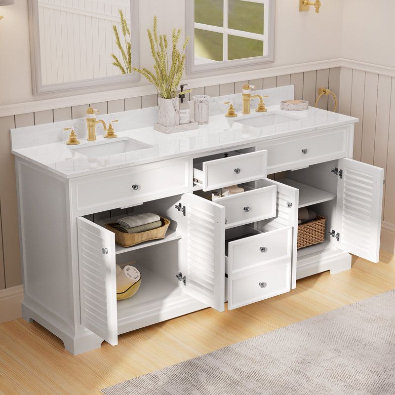 Meuble-lavabo double 72 po avec lavabo en marbre et portes à volets en céramique, Blanc