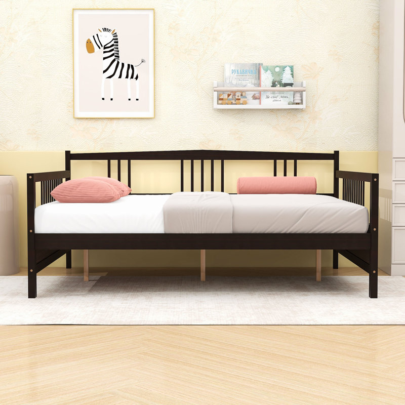 Lit de jour double en bois avec pieds centraux et espace de rangement sous le lit, Espresso