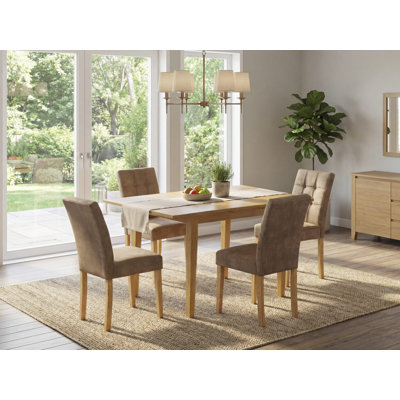 5 Piece Dining Room Set Includes A Modern Table and 4 Brown Textured Polyester Fabric Dinning Chairs, Oak