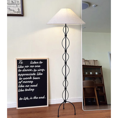Luminaire de plancher de trépied courbé en fer forgé avec abat-jour en tissu