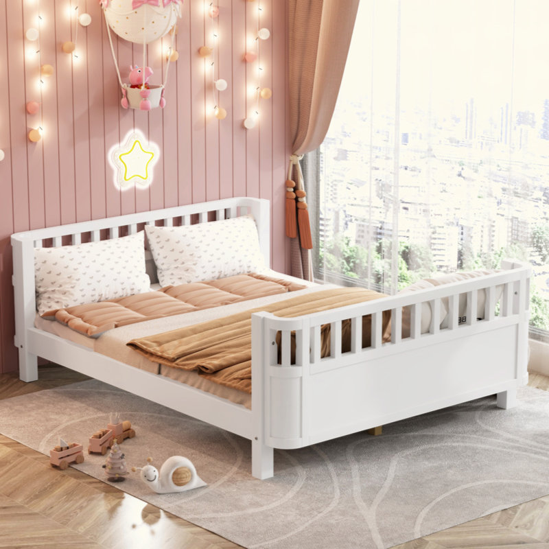 Low Profile Wooden Kids Platform Bed with Safety Guardrails, Detachable Side Rails for Boys and Girls