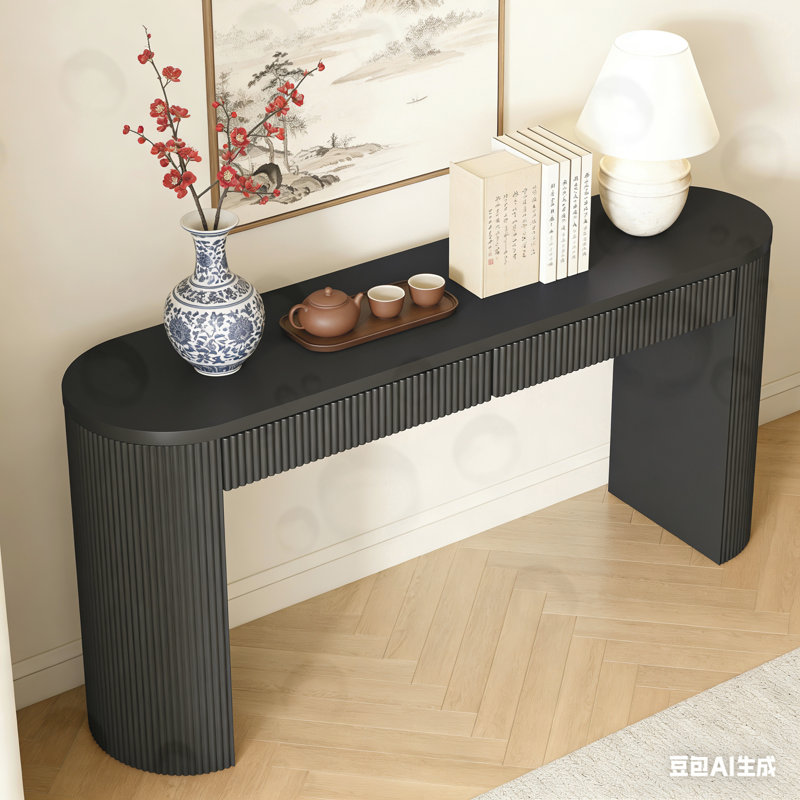 Console avec grand plateau et deux tiroirs, Noir