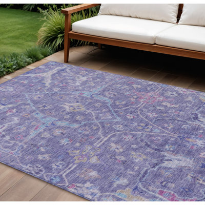 Tapis intérieur/extérieur lavable, 3 m x 4,2 m, à motifs floraux violets, bleu ciel et argentés