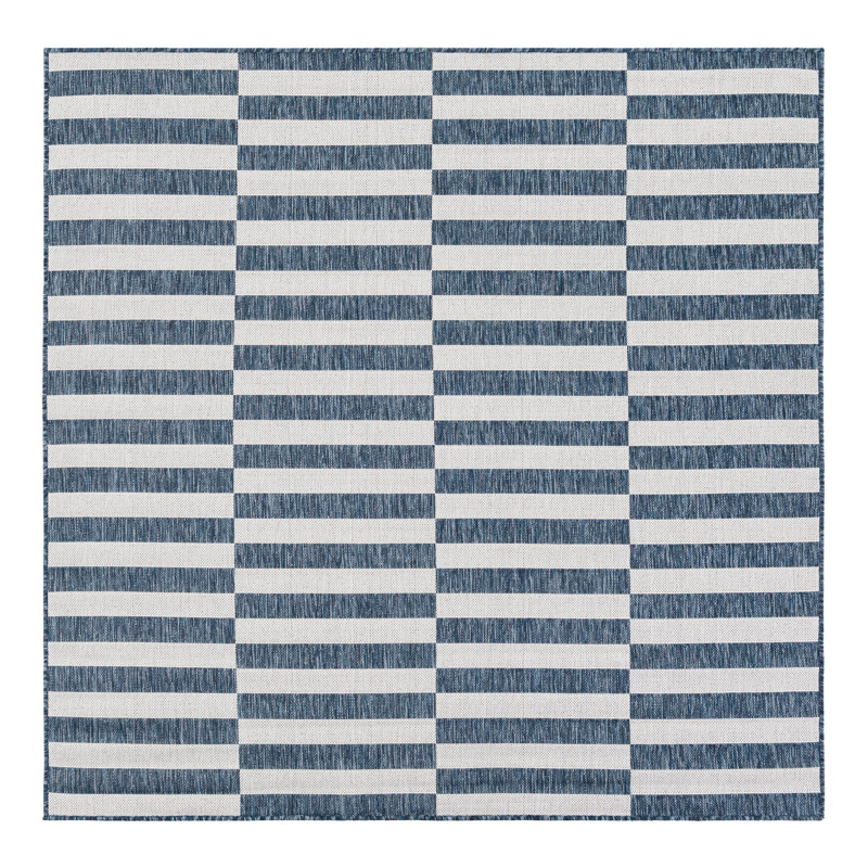 Pana Striped Navy Blue/Ivory Indoor / Outdoor Area Rug, Square 7'10"