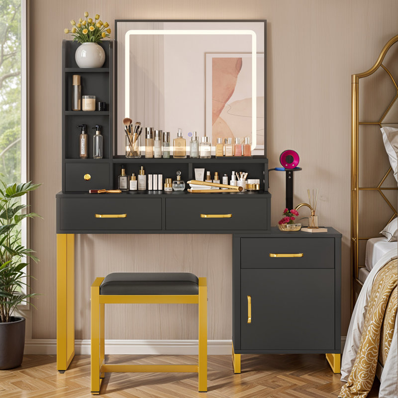 Coiffeuse de maquillage avec station de charge et 3 options de couleur d'éclairage, Noir