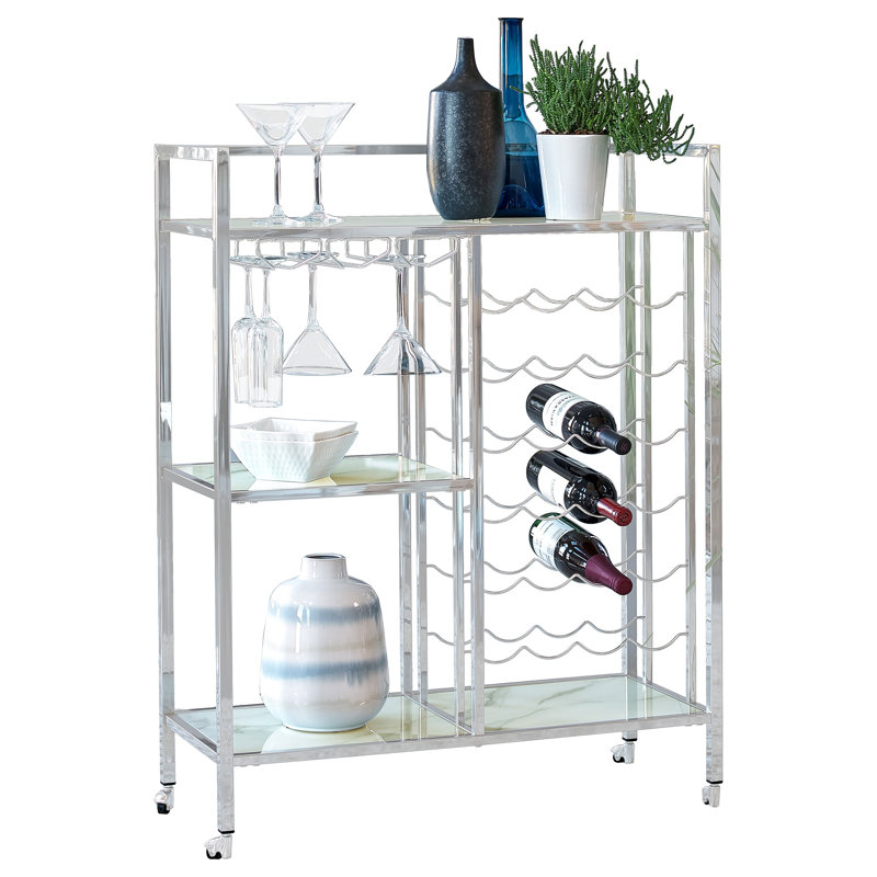 Contemporary Chrome Wine Serving Cart with Glass Shelves