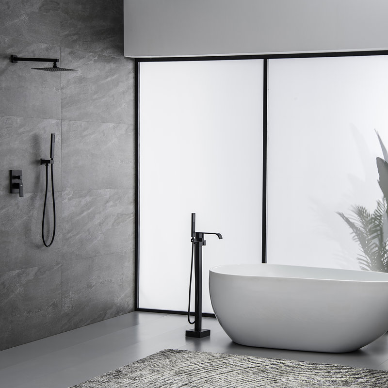 Freestanding Waterfall Tub Filler With Hand Shower, Solid 304 Stainless Steel, Cupc Ceramic Cartridge, 1.8 GPM Hand Shower, Matte Black / Brushed Gold