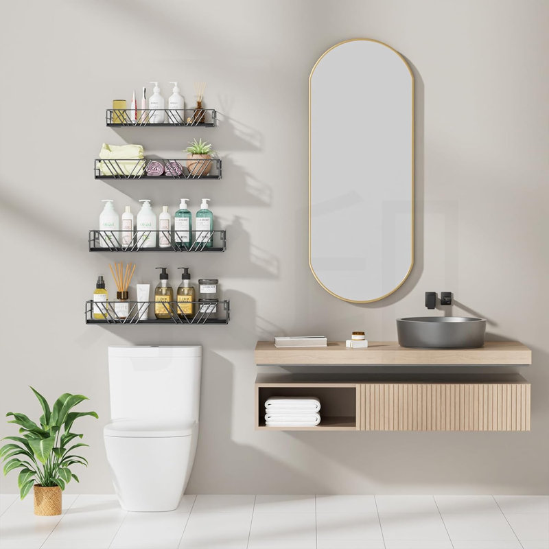 Ensemble de 4 tablettes murales flottantes en bois massif et en métal avec rails de protection - Tablette de rangement robuste pour salle de bain, chambre à coucher, salon, cuisine, bureau