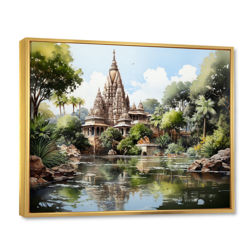 Temple indien d'art sérénité II, H 30 po x l 40 po, Cadre flottant doré