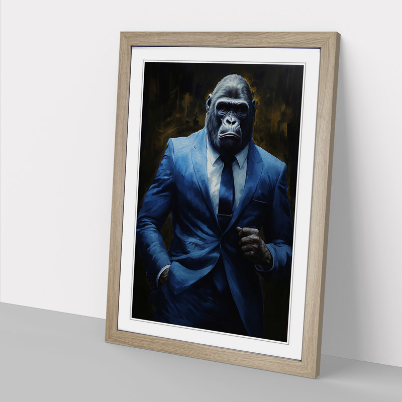Gorilla in a Suit Painting - Framed Print, Oak Framed, 46cm H x 34cm W