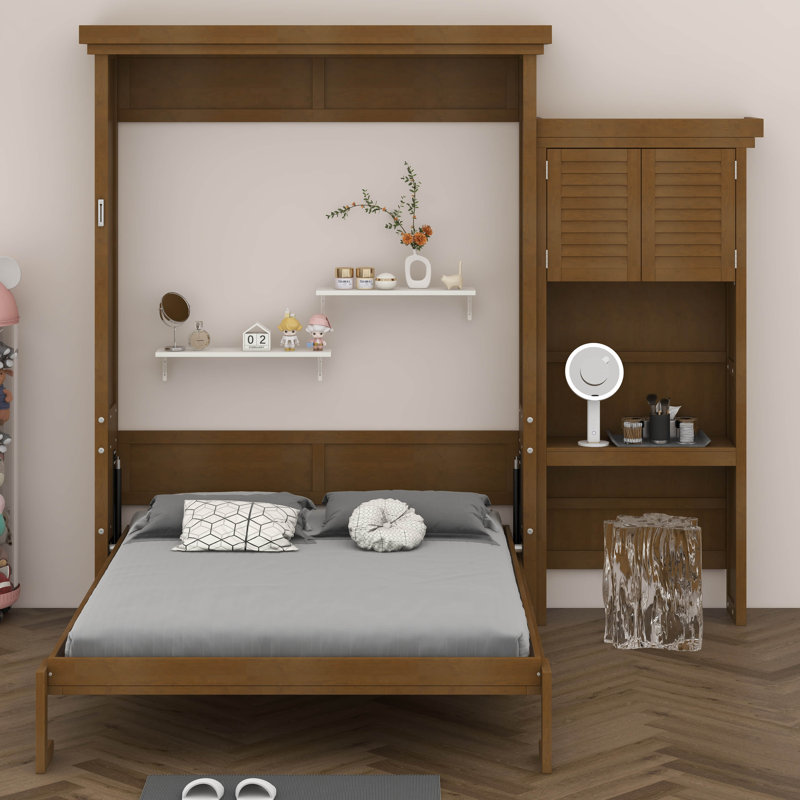 Grand lit escamotable avec tablettes de rangement et portes à persiennes, armoire-lit peu encombrante, placement latéral réglable pour un style élégant