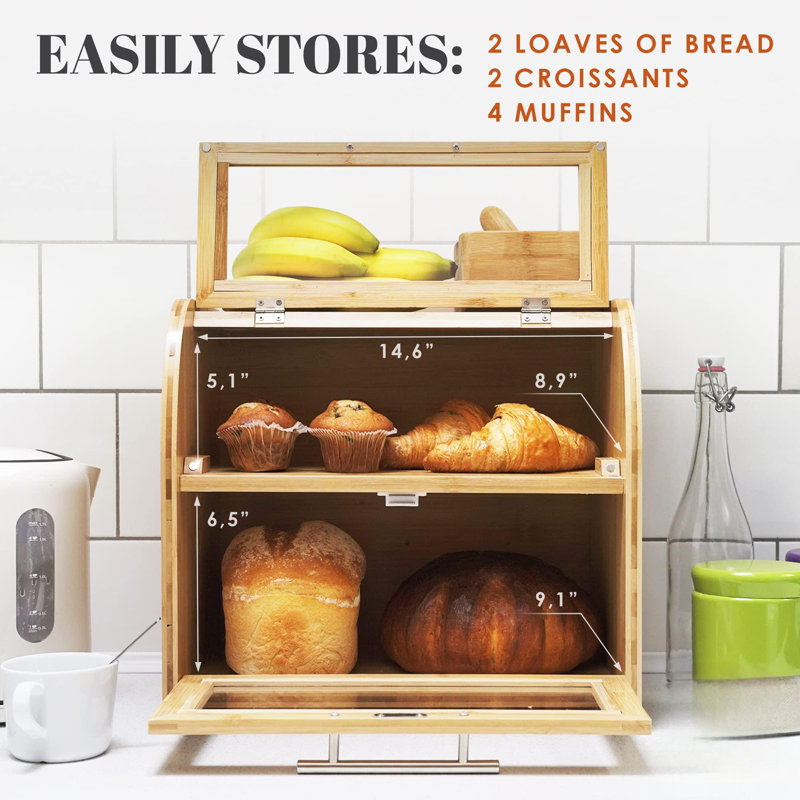 Stylish Bamboo Bread Box For Kitchen Countertop, Extra Large 2-Shelf Wooden Bread Storage Container With Clear Windows And Air Vents Keep Bread, Bagels And Rolls Fresh, Self Assembly