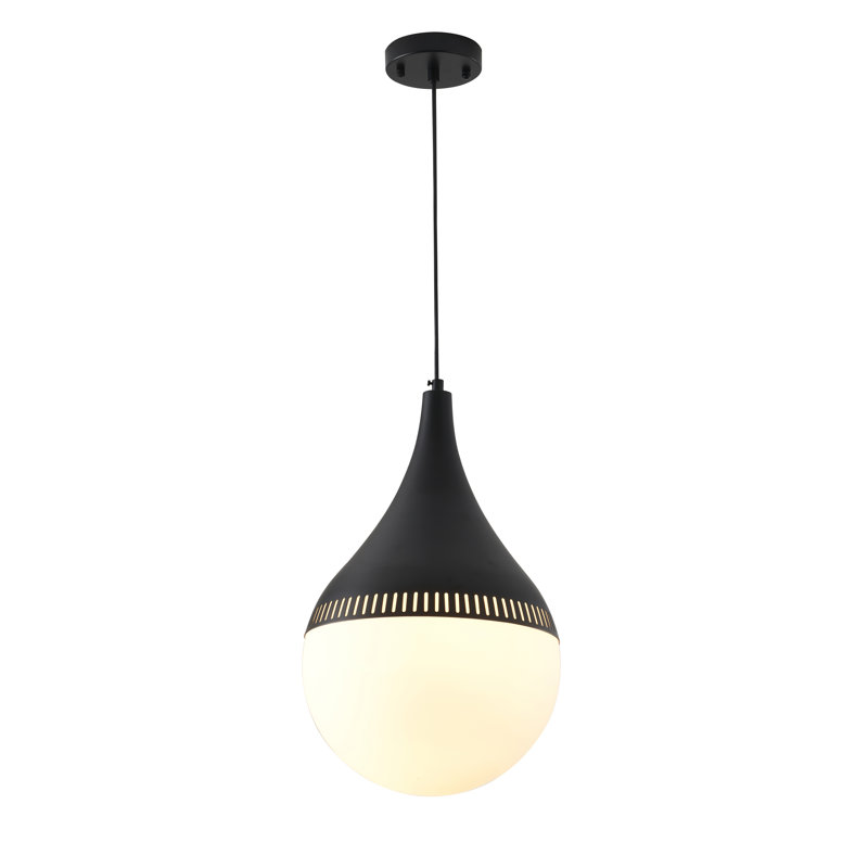 Luminaire suspendu en métal noir 1 lumière avec abat-jour en verre blanc laiteux