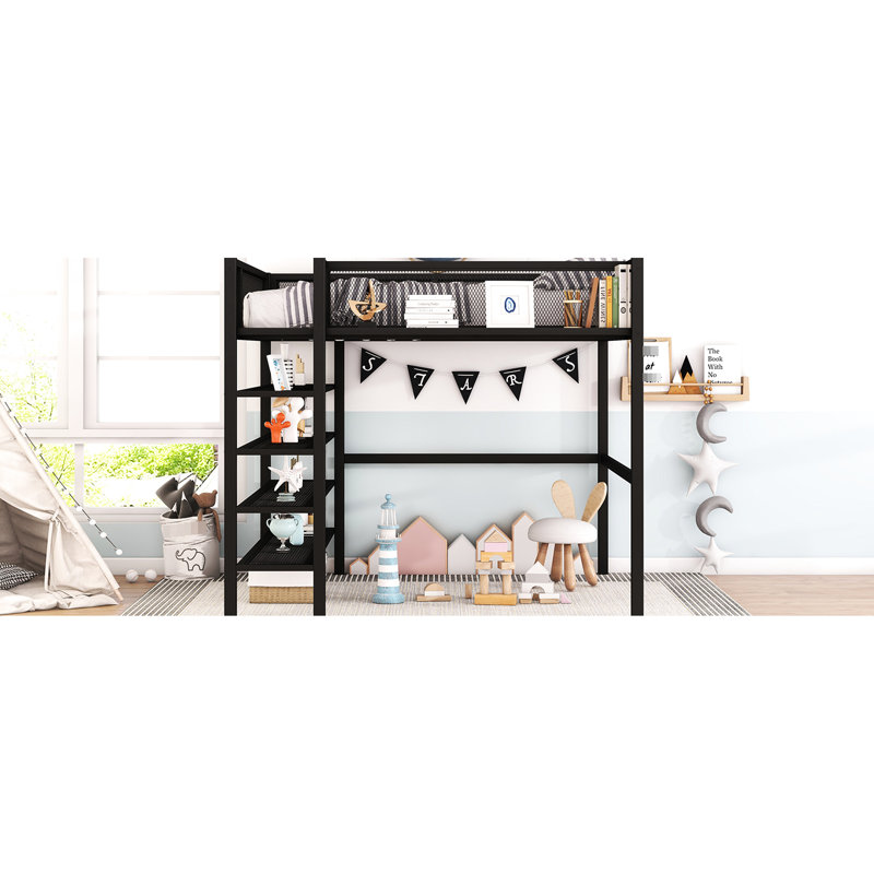 Lit mezzanine en métal noir avec rangement spacieux - 20 lattes robustes, poste de travail créatif, sommeil confortable, 4 tablettes pleine grandeur et rangement, construction pour la chambre à coucher, aucune fondation nécessaire