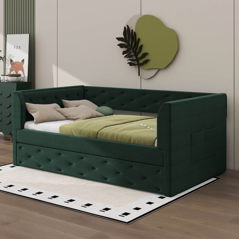 Lit de jour rembourré en velours capitonné simple avec lit gigogne, Vert
