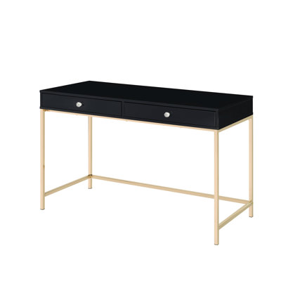 Élégant bureau noir avec surface ultrabrillante et 2 tiroirs, hauteur du produit: 30,6 po. Base de pied rectangulaire en métal doré, l 45 po x l 19 po. H 25 po